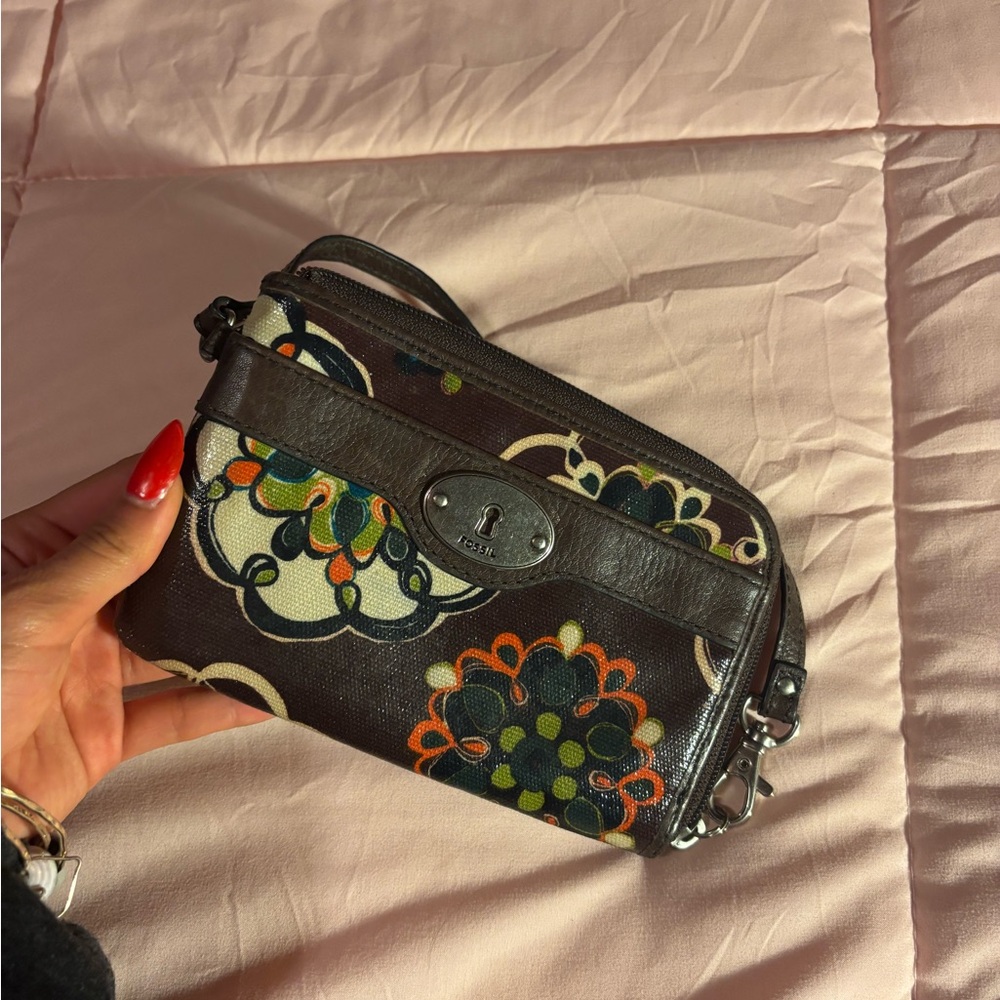 Fossil Brown Wristlet with Colorful Floral Pattern